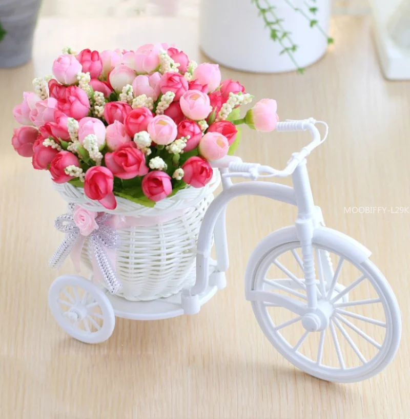 Rattan Bike Vase with Silk flowers Colorful Mini Rose flower Bouquet Daisy Artificial Flores For Home Wedding Decoration