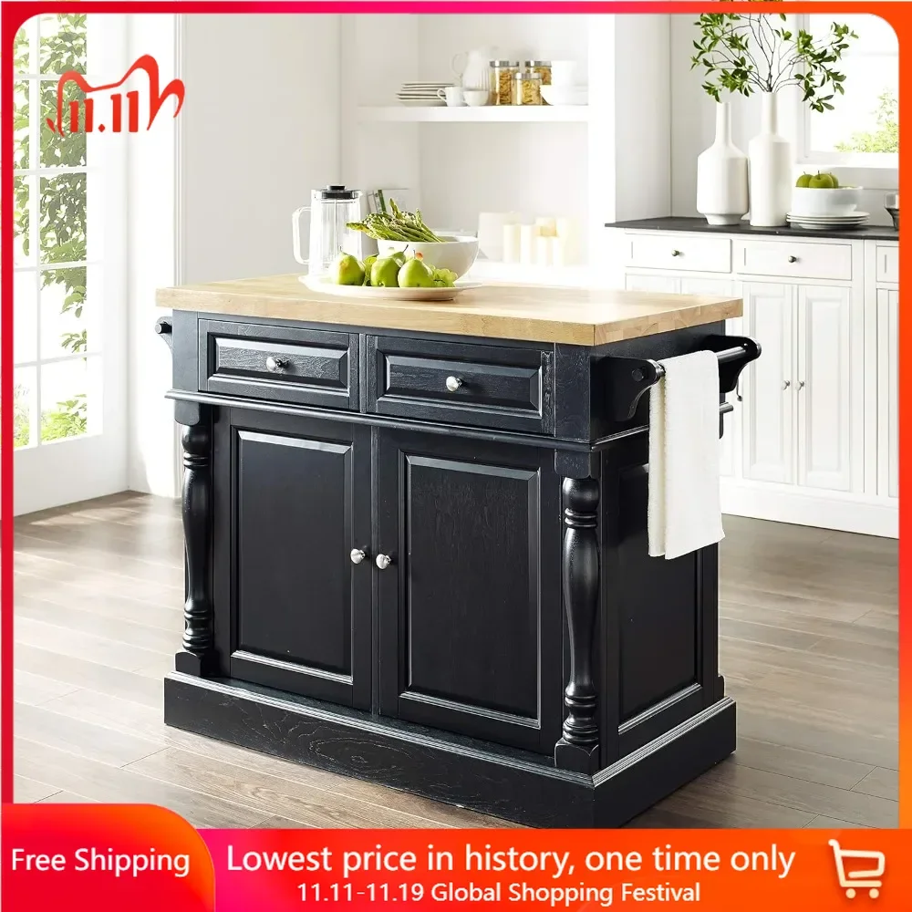 Kitchen Islands & Trolleys Natural Wood Top Kitchen Island Wooden Material Home Storage Adjustable Shelf Furniture