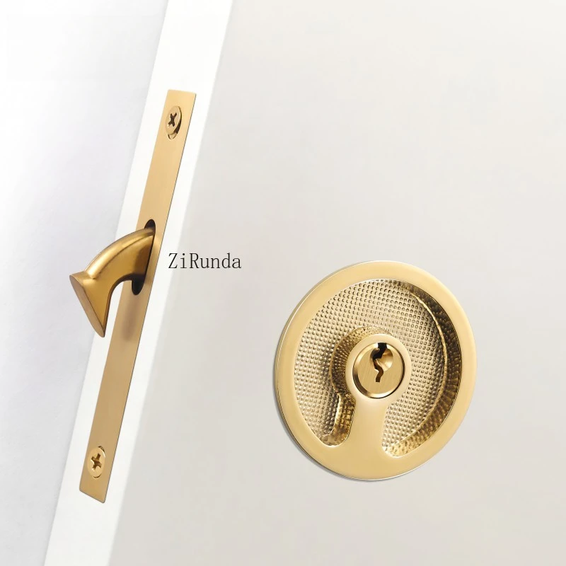 Brass sliding door handle lock set, kitchen bathroom wooden door inlaid with ultra-thin shiny PVD gold matte black
