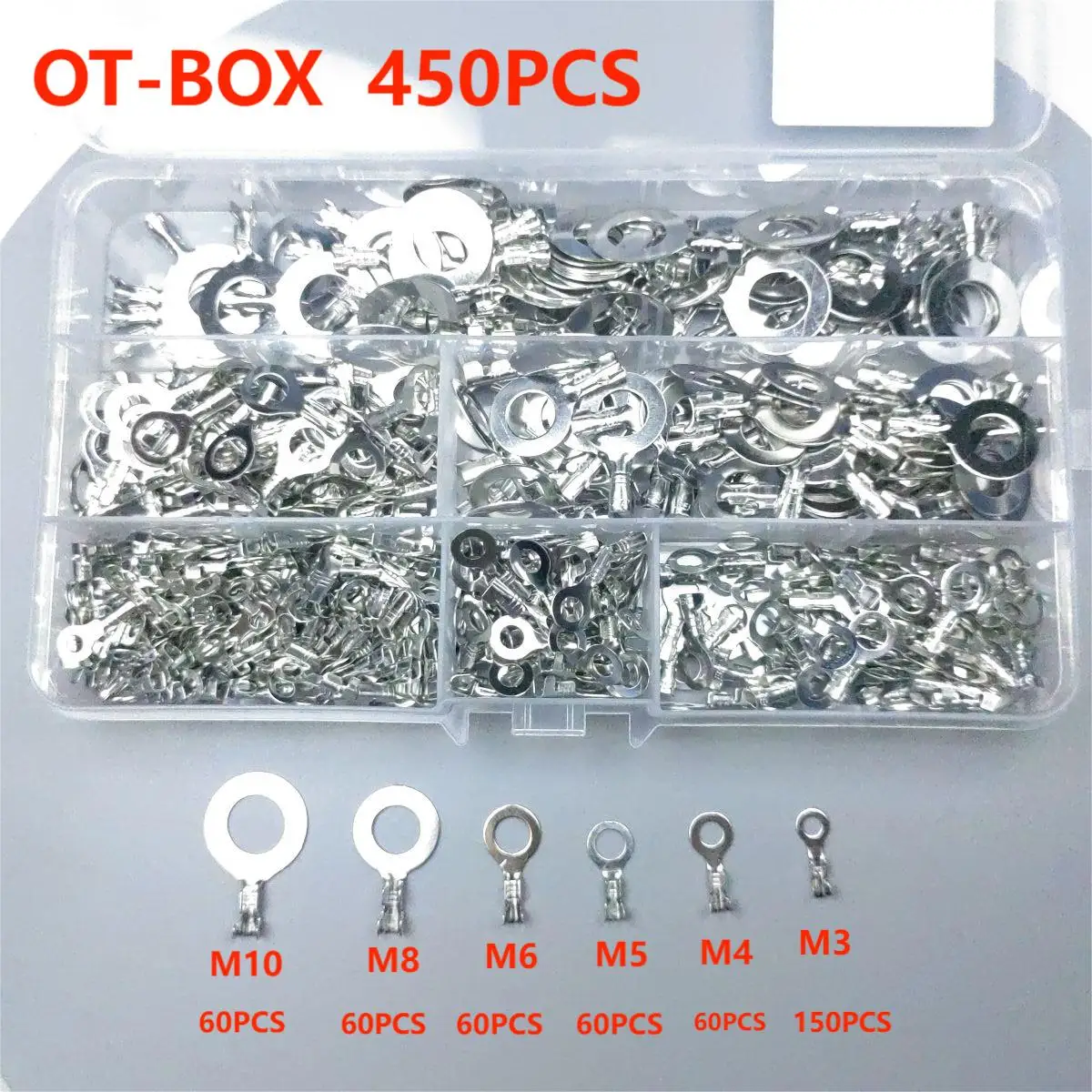 Silver Copper Crimp Terminals Assortment Kit - Ring Lugs Eyes Wire Connectors, Non-Insulated