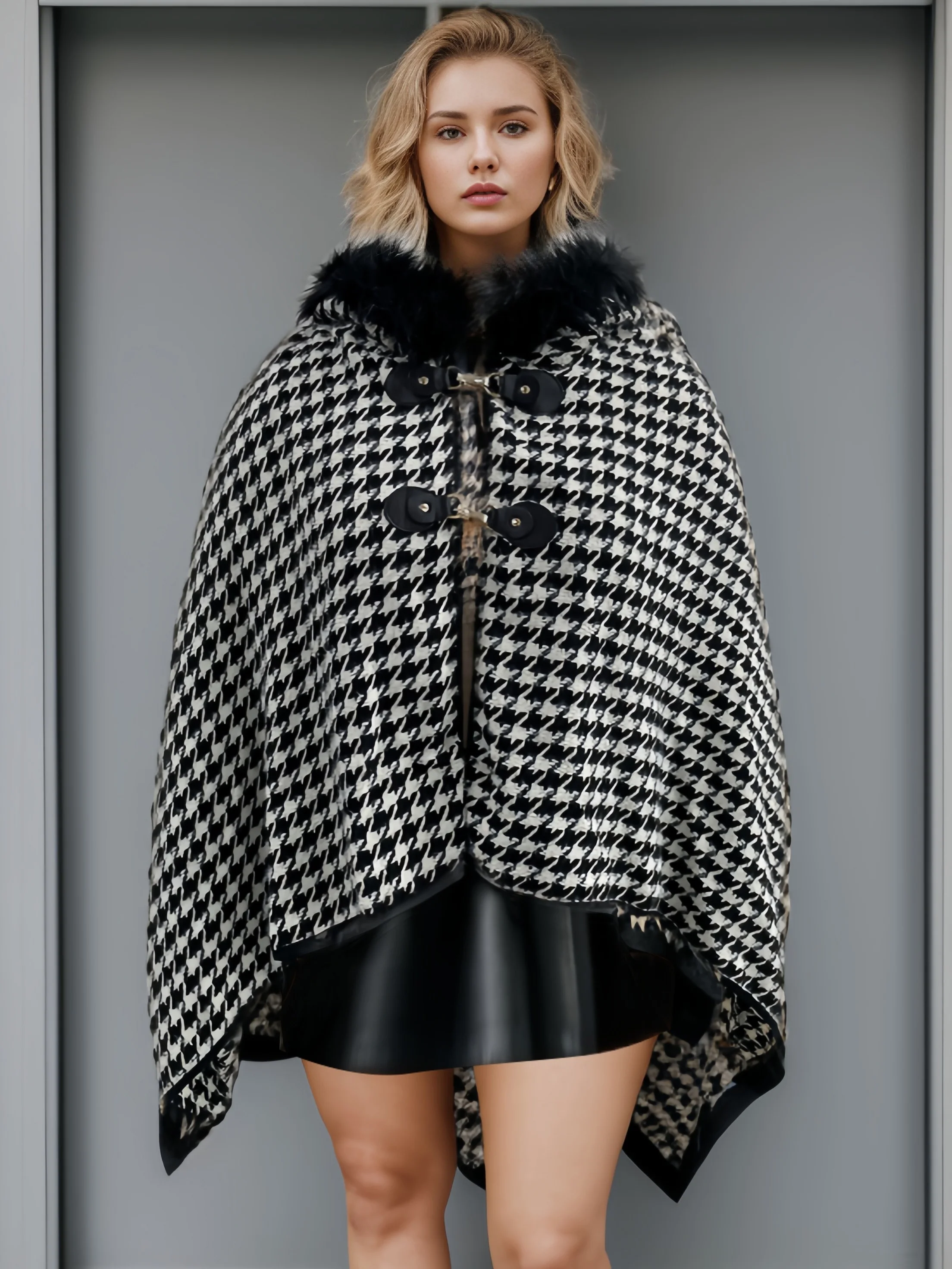 

Finjani Plus Size Elegant Coat, Women's Plus Houndstooth Print Fuzzy Trim Hooded Batwing Sleeve Buckle Detail Shawl Cape Coat