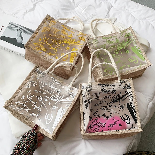 2Pcs sets Clear Graffiti Handbag Linen PVC Transparent Women