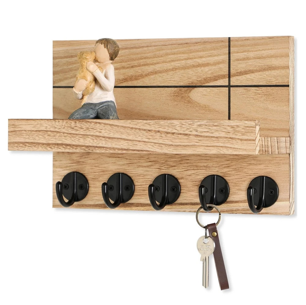 Wood Key Holder with Shelf Wall Decor Floating Shelf with Hooks Holds Key Rings Dog Leash Wallet Purse for Entryway Living Room 5