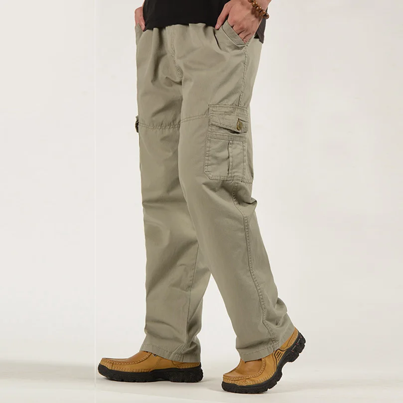 

100% Cotton Men Casual Pants Spring Summer Thin Cargo Trousers Elastic Waist Outdoor Travel Oversize Plus Size Male Clothing