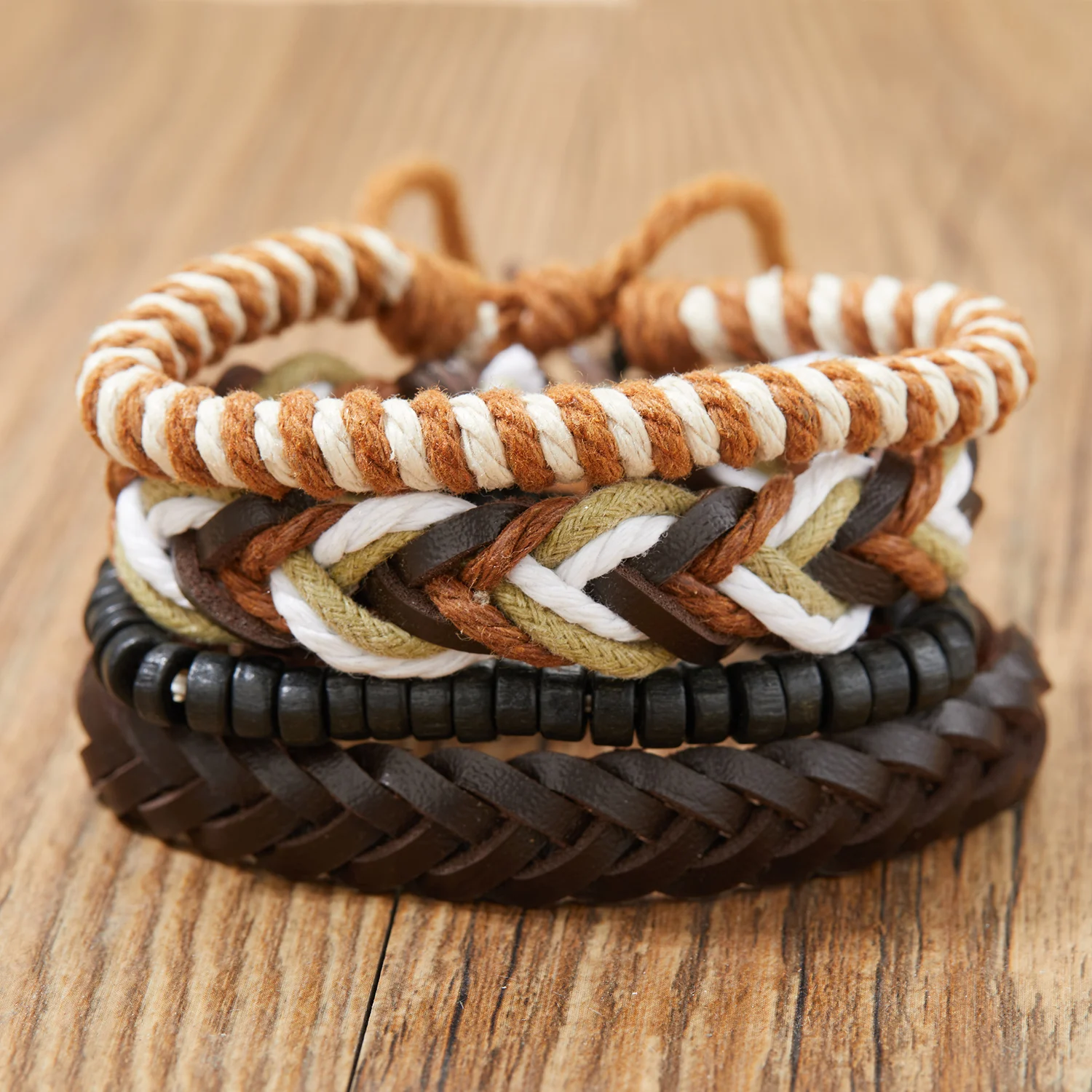Vintage Braided Wrap Leather Bracelets for Men Multilayer Wood