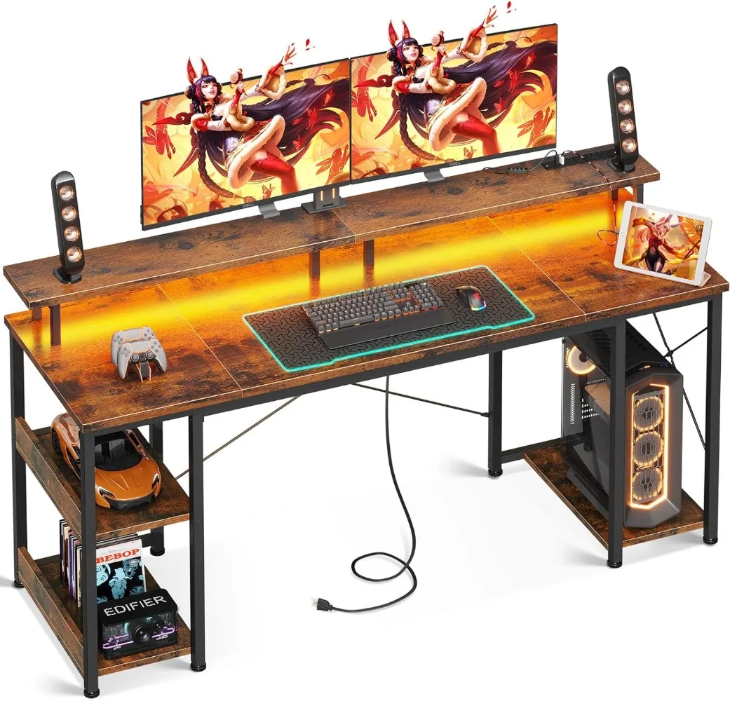 

ODK 63 inch Computer Desk with Power Outlets & LED Lights, Gaming Desk with Monitor Stand & Storage Sheves, Home Office Desk