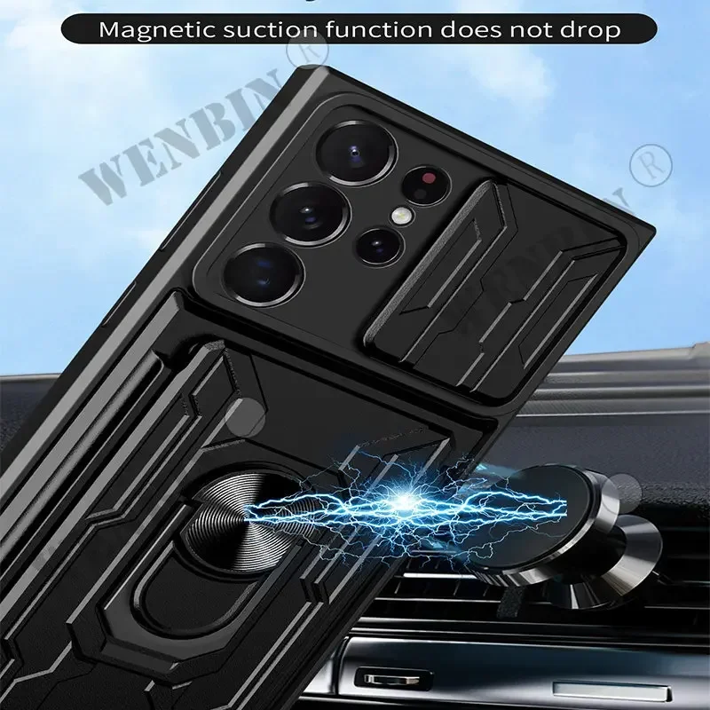 Premium Military Grade Slide Stand Ring Case with Camera Protection & Card Slot