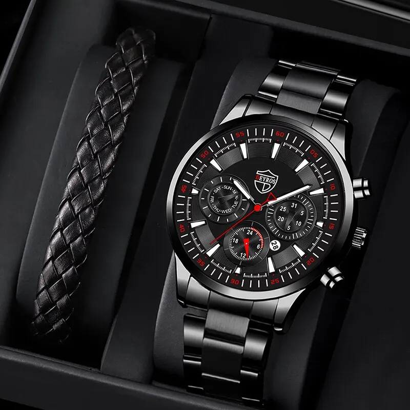 Reloj de pulsera de cuarzo de acero inoxidable para hombre, cronógrafo de pulsera de cuero luminoso con fecha informal, de negocios, a la moda