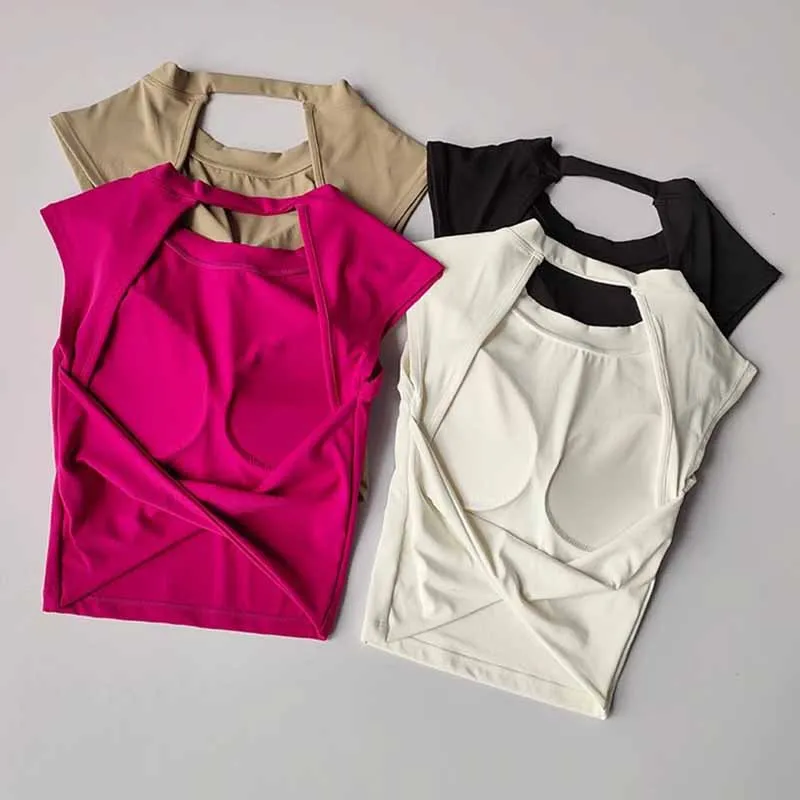 Yoga Short Sleeved T-shirts Women's Fixed Chest Pad Sexy Backless Short Gym Shirt Sexy Yoga Tops Slimming Fitness Sports Vest