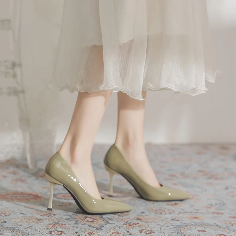 

2024 Women Metal Heel Pointed Toe Shallow Slip on Ladies Elegant Dress Party Shoes Thin Med Heel Dress Pumps Zapatos De Mujer
