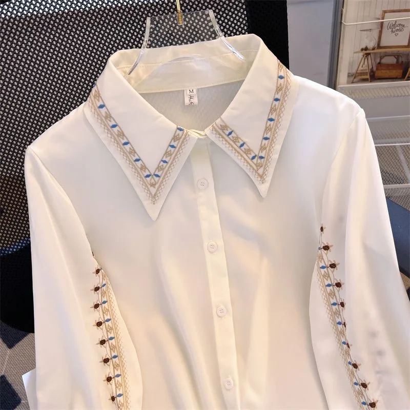수 놓은 여성은 모든 경기 고품질 여성 우아한 블라우스 숙녀 작업복 셔츠 흰색 꽃 Clothings 쉬폰 탑