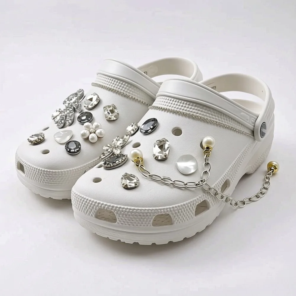 19-teiliges Sommer-Mode-Schuhcharms-Set, Zubehör für Clogs, Schuhschnallen, Metallperlen, Blumen, Diamanten, Ketten, DIY-Schuhdekorationen – Detail 7