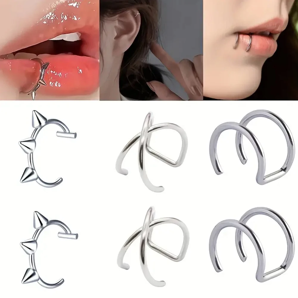 Ear clip earrings clip earrings ear clip ear accessories 2pcs Minimalist Ear Clip Women's Fake Piercing Jewelry Ear Septum Cartilage Clip Stainless Steel Lip Ring Girl Jewelry Set
