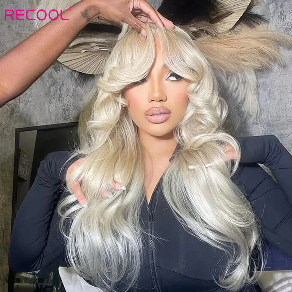 Recool 613 Blonde Curtain Bangs Lace Closure Wig Human Hair Glueless 6&times;5 Pre Cut&Bleached Hd Lace Body Wave Wig