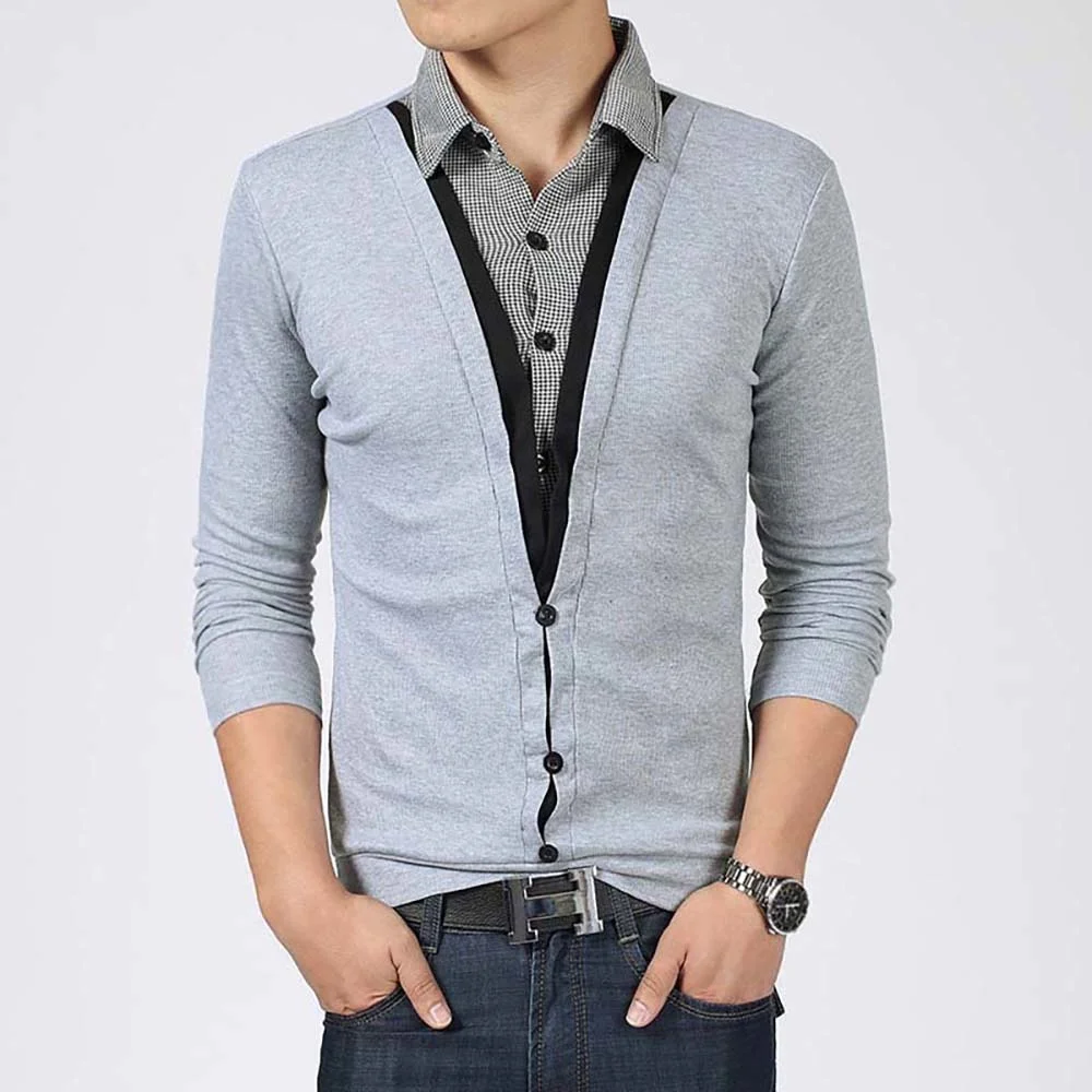 

Spring Autumn Men's Shirt Collar Fake 2 Piece T-shirt Casual Slim Pullover Tshirt Mens Tees Long Sleeve Underwear T