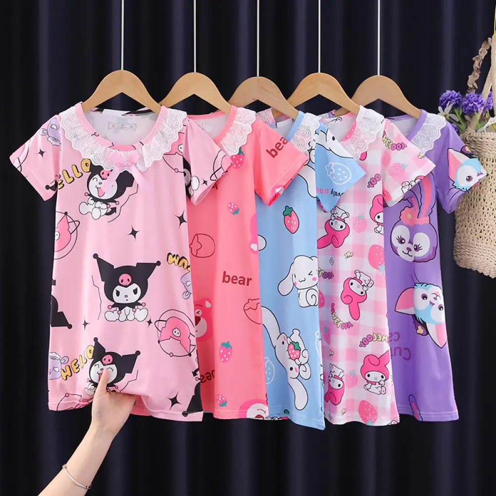 

Kawaii Sanrio ночная рубашка Kuromi для девочек, пижамы в стиле коричной розы, пижамы с Hello Kitty, ночная рубашка My Melody, летняя Детская домашняя одежда