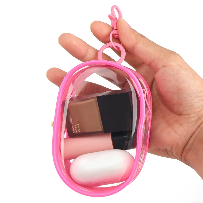 Multi-functional Portable Clear Cosmetics Storage Bag Space Saving Organizer Earphones Chargers Powder Puff Mini Keychain Loop 6
