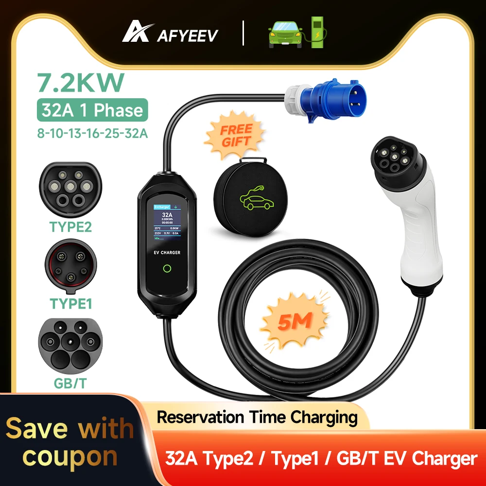 

AFYEEV 7.2KW 32A EV Charger Type2 IEC62196-2 Portable Type1 SAE J1772 EVSE Charging Box GB/T Electric Car Charger CEE Plug 5m