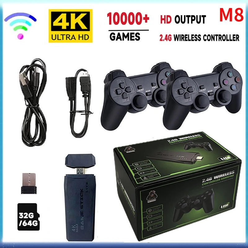 M8 Video Game Stick Console, controlador sem fio duplo, 2.4G, 4K, 10000 jogos, 64GB, jogo retro para Dropshipping, presente de Natal