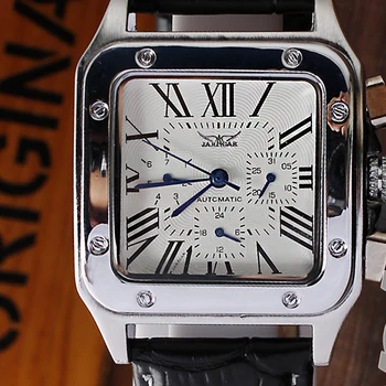 자동 자동 와인딩 기계식 시계, 달력 표시 로마 숫자 가죽 스트랩, 독특한 사각형 손목 시계