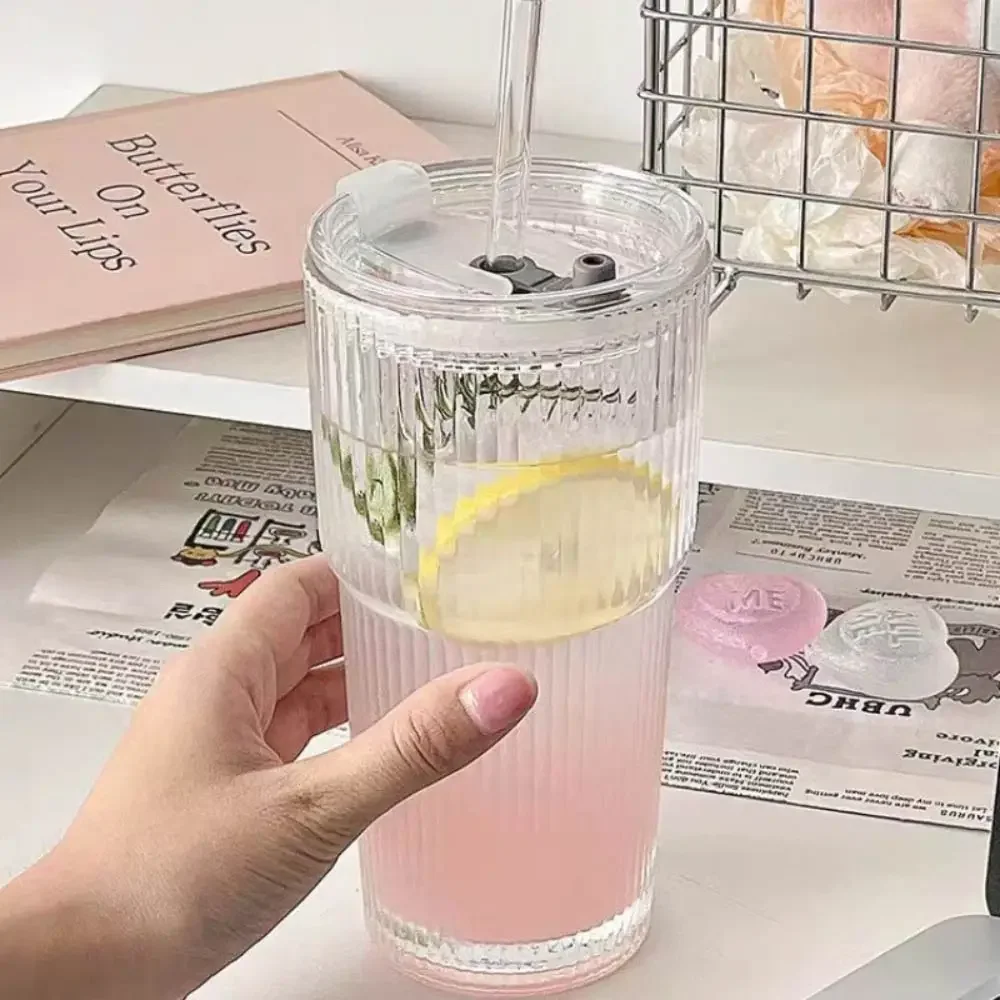 Striped Glass Coffee Cup with Lid and Straw – Clear Glass Drinkware for Coffee, Tea & Water 6