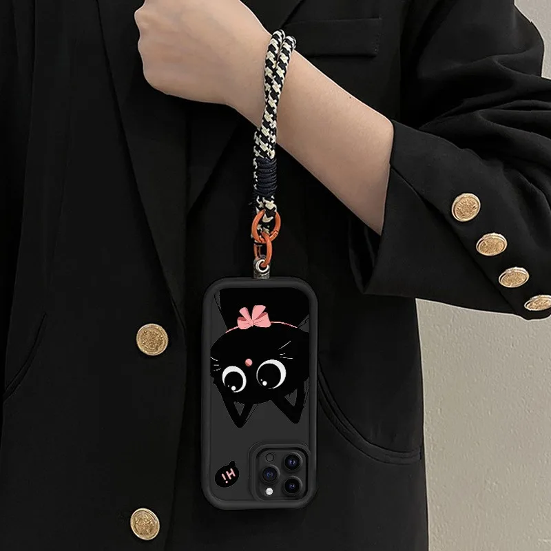 Charming Black Cat Silicone Phone Case with Hang Strap - Soft Protective Cover