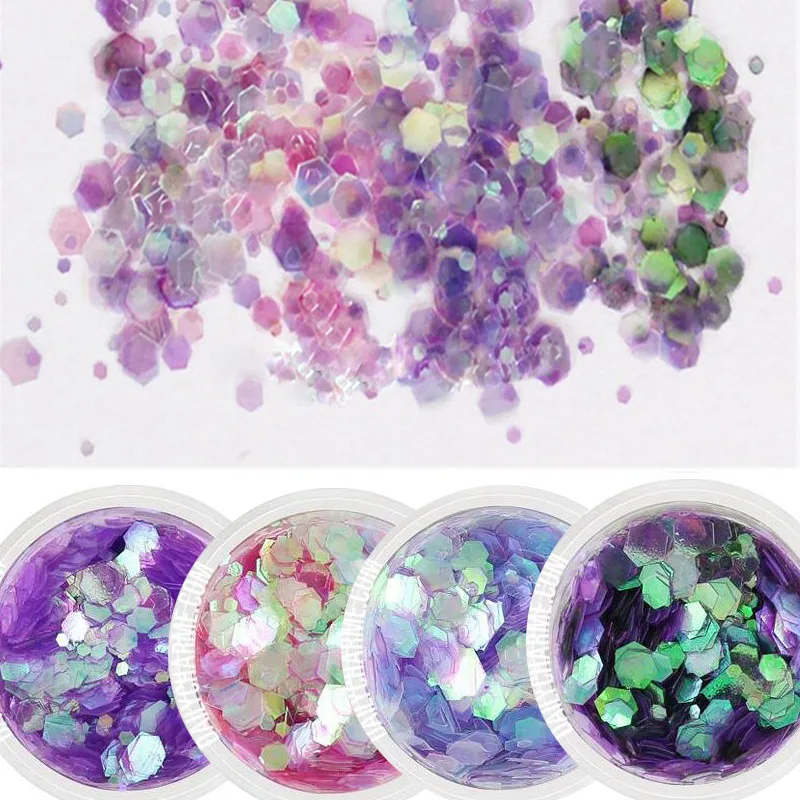 

10ml/Jar Holographic Glitter Sequin 3D Nail Art Purple Blue Pink Mix Slice Flakes 4 Colors Manicure Gel Polish Glitter Paillette