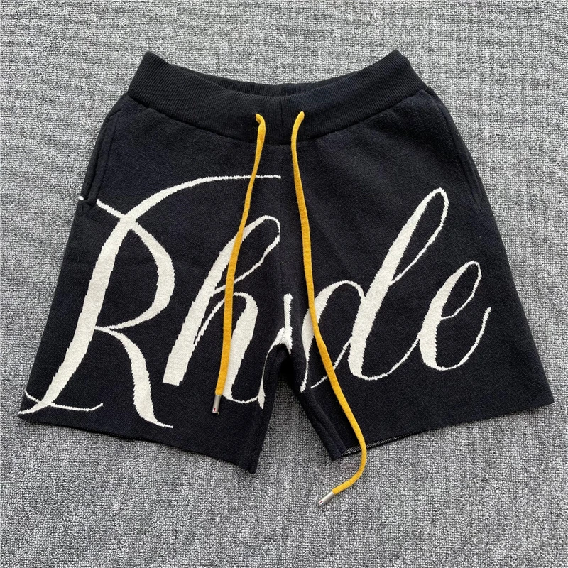 

New Fasion 1:1 Green Rhude Jacquard Logo Shorts Men Women 1:1 Top Quality Yellow Drawstring Shorts Breeches