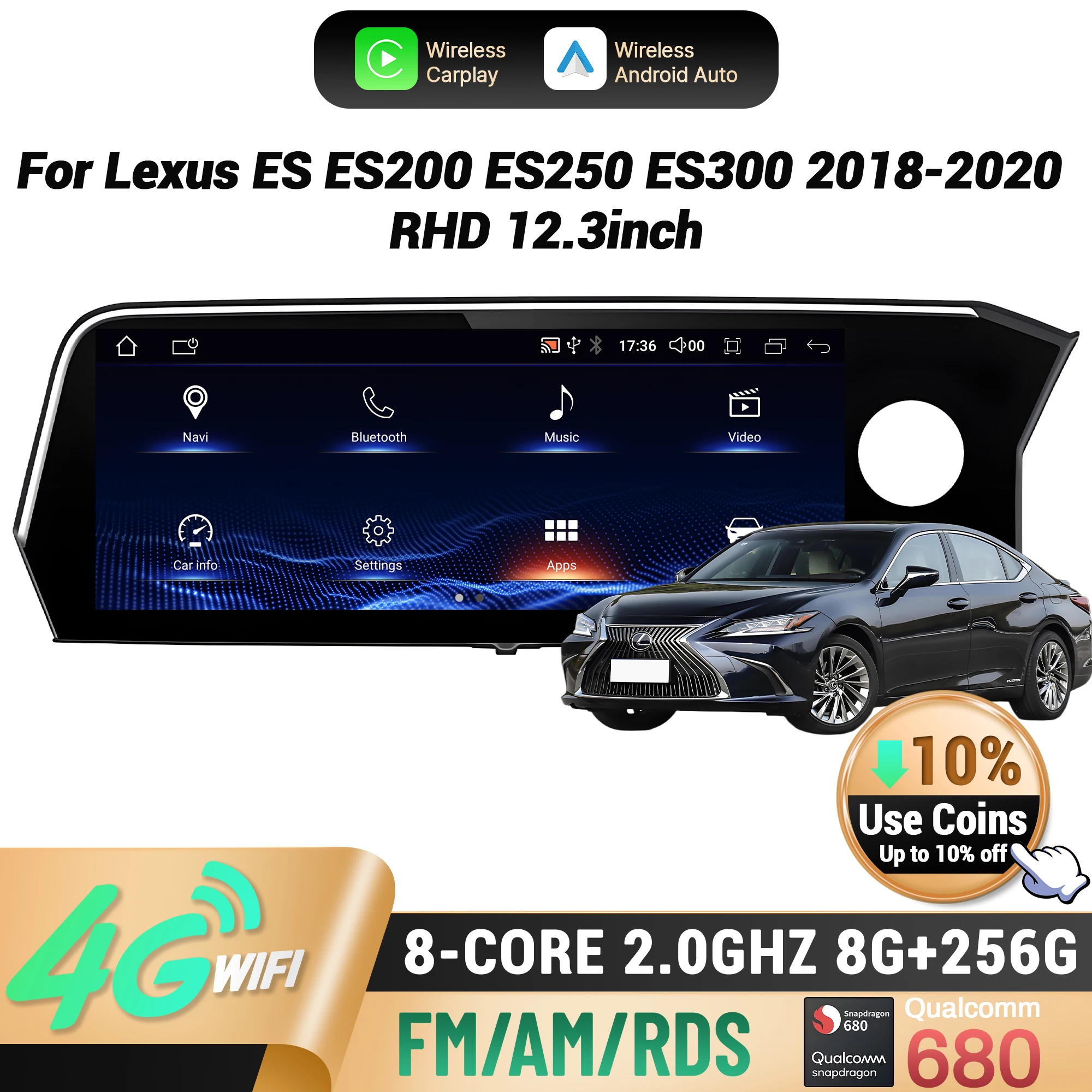 Conductor a la derecha de 12,3 pulgadas para Lexus ES ES200 ES250 ES300 2018-2020 Radio de coche inalámbrico CarPlay Multimedia pantalla Snapdragon 680 1
