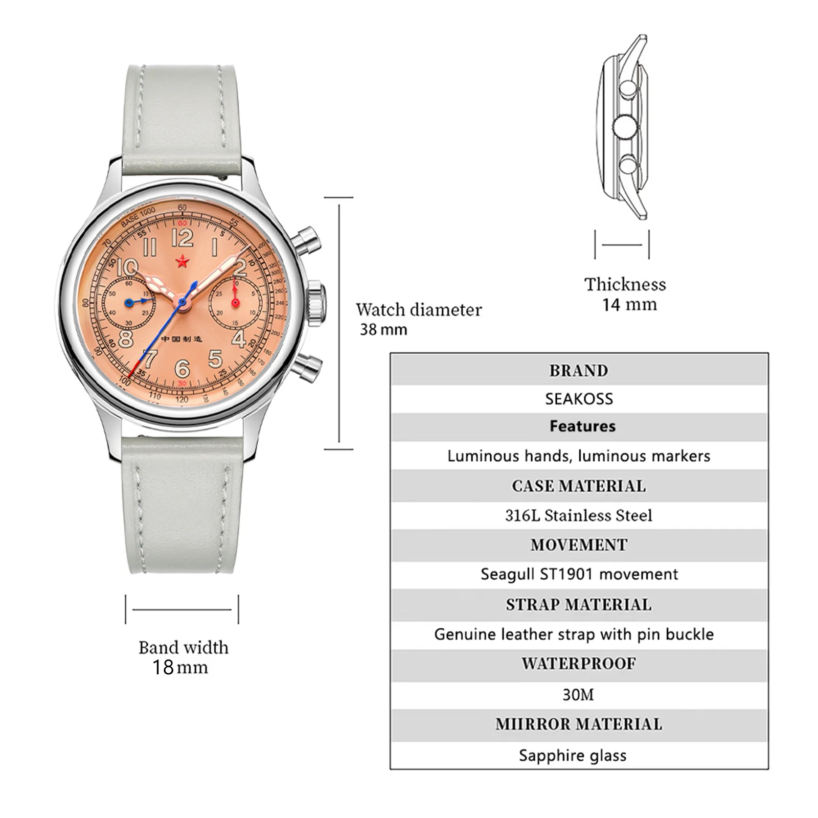 Montre Chronographe Pilote Seakoss 1963 - Mécanique ST1901, Verre Saphir 38mm - Neuf Avec Boîte