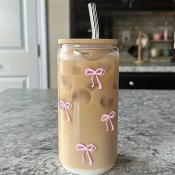 500ml Pink Bow Cute Glass Cups with Lids and Straw Tumbler Glass Cup for Iced Milk Coffee Smoothie Cocktail Matcha Juice Cup 1