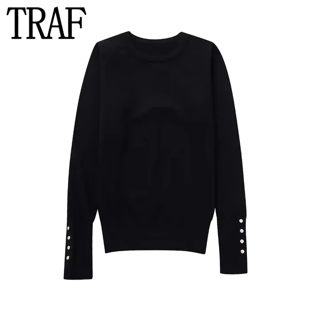 TRAF Women Sweater Knitted Black Sweater Woman Autumn Winter 2023 O-Neck  Pullovers Women Basic Long Sleeve Ribbed Knit Top - AliExpress