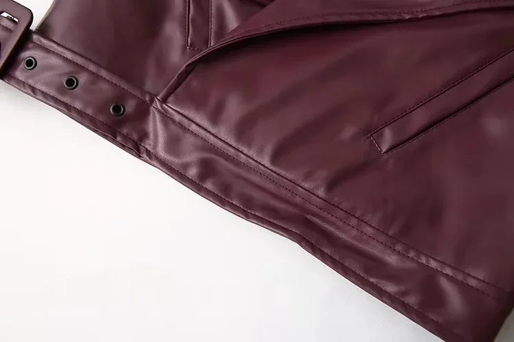 Vintage Lapel Leather Biker Jacket Women Bomber Jacket Short Coat Streetwear Zip Long Sleeve Windproof Outerwear Black Wine Red