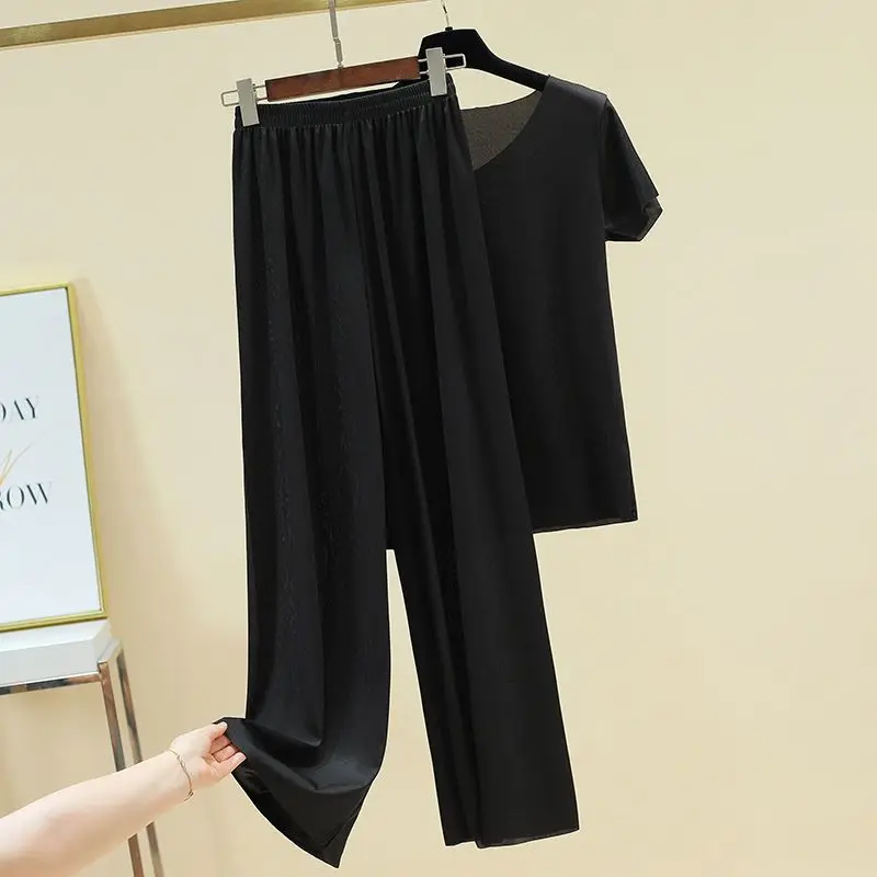 Sommer frauen Hosen Anzug Lose Ice Silk Kühlen Dünne Top Breite Bein Hosen Homewear Casual Einfache Sexy Pjs frauen Pyjamas Nachtwäsche – Detail 24