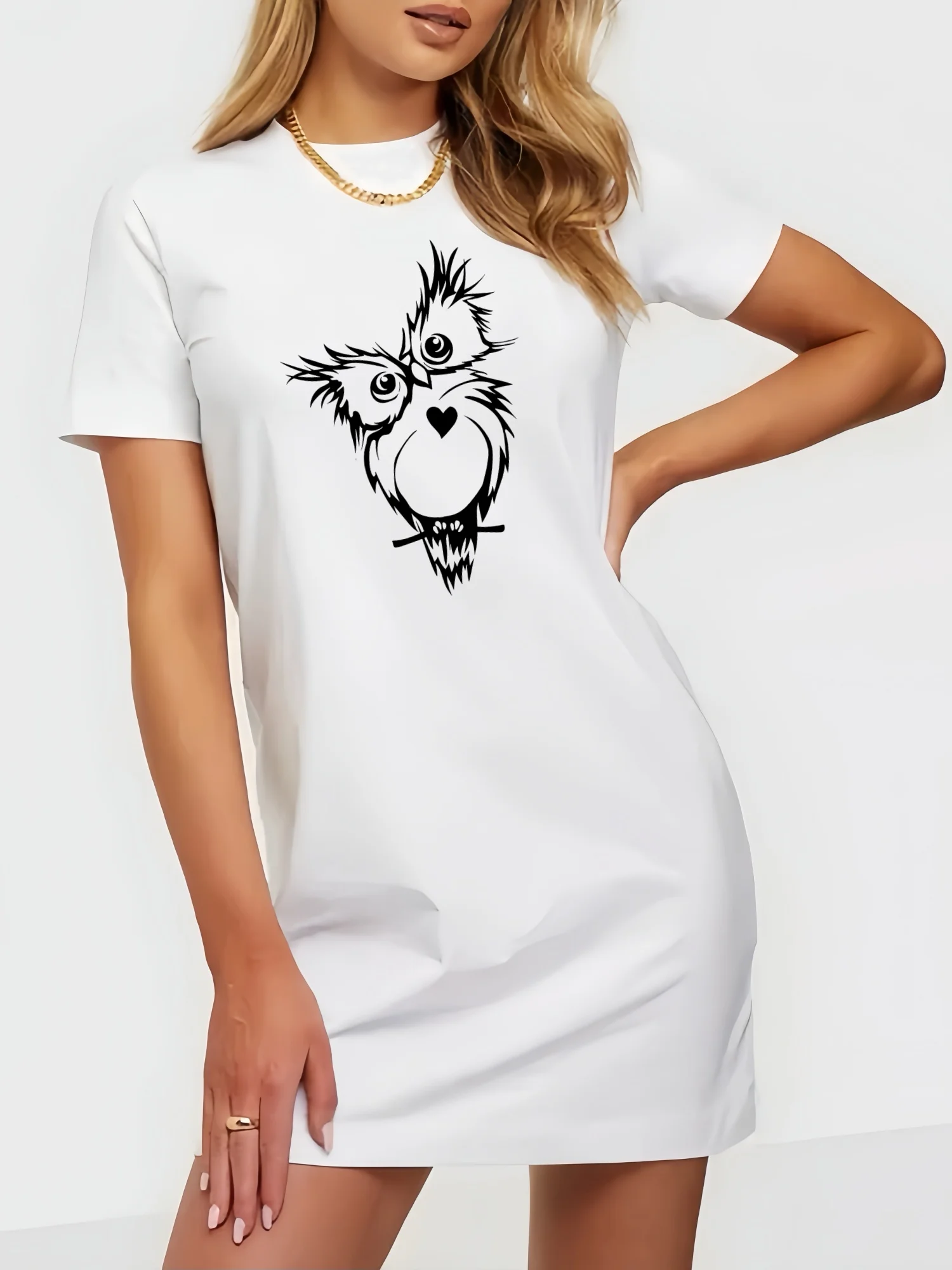 

Cute Doctor Owl Print T Shirt Dress Women Simply Slim Fit Youthful Summer Woman Dress 2024 New