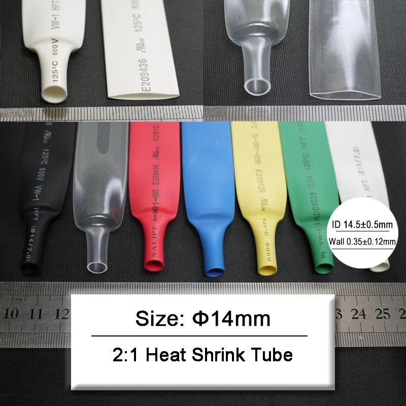 

2/5/10/20/50M Diameter 14mm Heat Shrink Tube 2:1 Polyolefin Thermal Cable Protector Insulated Waterproof Flame Retardant Sleeve