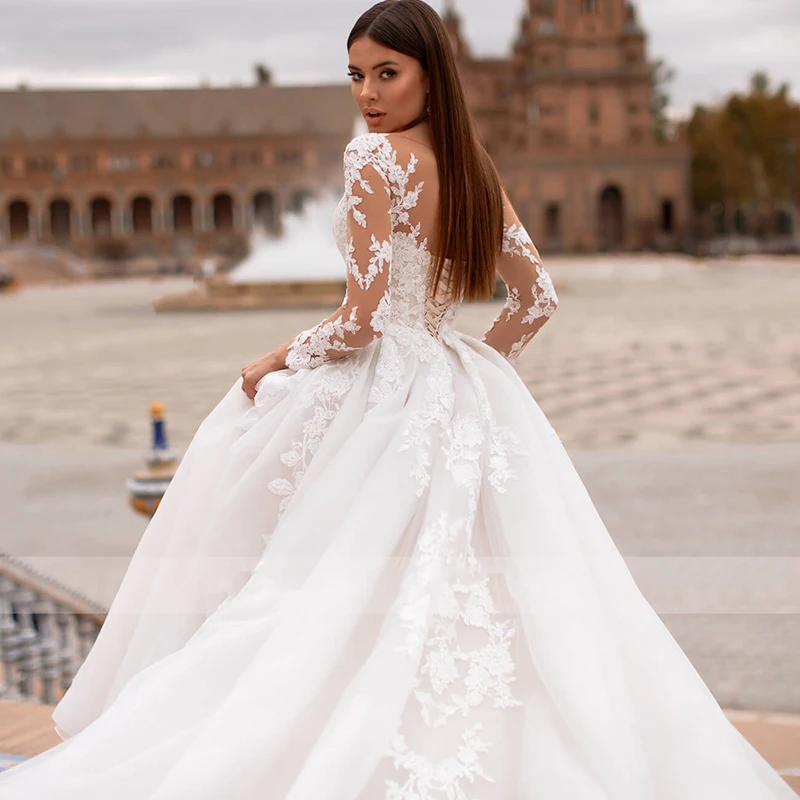 Elegant Wedding Dress Organza With Embroidery With Train Ball Gown O-neck Full Sleeve Vintage Lace Up Gowns Robes De Mariée
