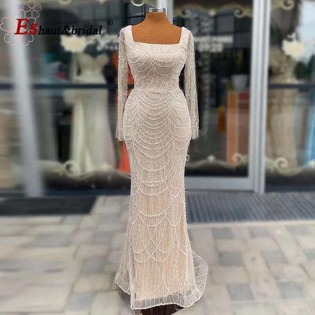 Elegant Mermaid Pearls Evening Dress for Women 2025 Luxury Dubai Arabia Flared Sleeves Formal Prom Wedding Party Gown Customized 1