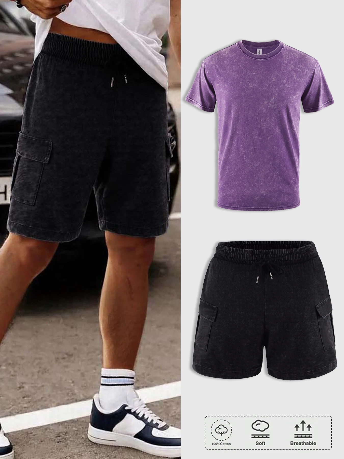 Solid Snow Washed Casual Shorts Set Men Soft Cotton Short Sleeve Streetwear Clothes Creative Vintage Trendy Unisex Short Suit