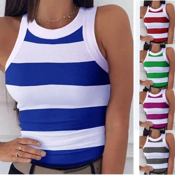 Summer Basic Elastic Tank Top Digital Printing T-shirt Women's O Neck Racerback Sexy Tank Top Stripe Print Sleeveless Tank Top 1