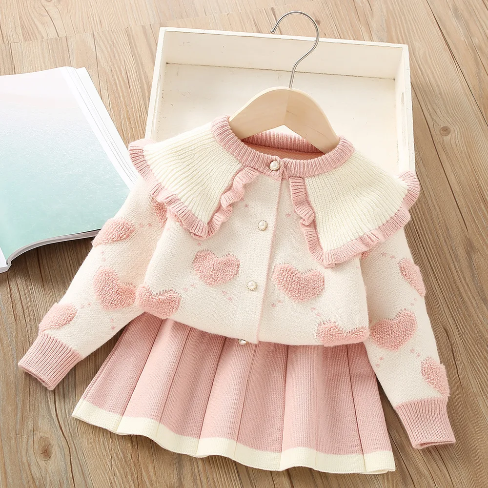 

2024 New Autumn Winter Children's Love Sweater Skirt Two Piece Suit Clothing Set Long Sleeve 1-6 Years Kids Girls Knit Clothes