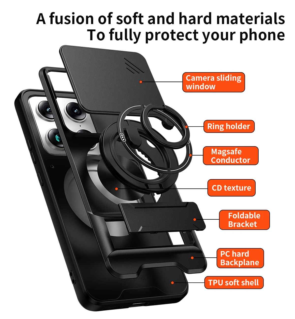 Enhanced Magnetic Stand Armor Phone Case with Slide Camera Protector and Shockproof Design
