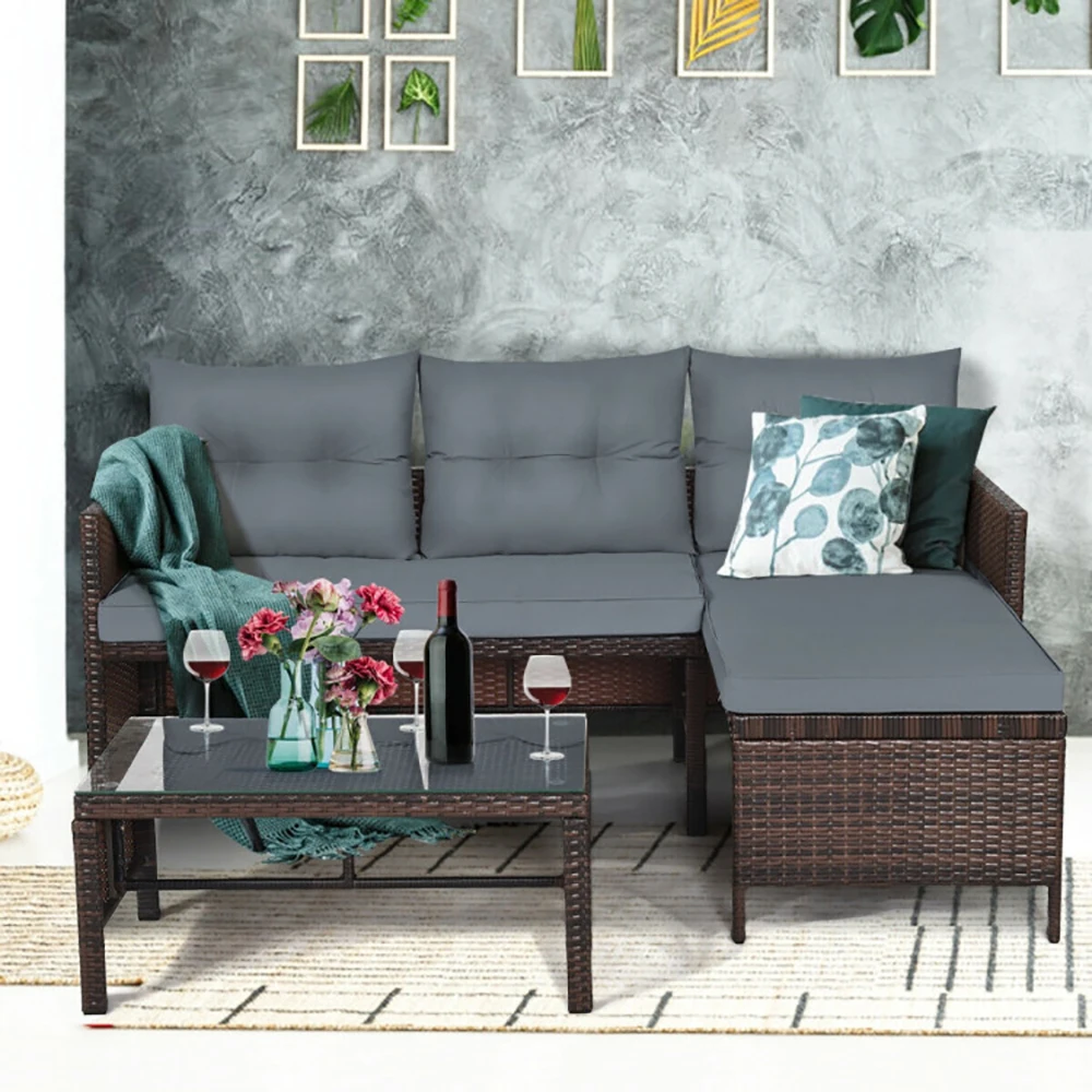 3 Piece Set Corner Sofa Outdoor Rattan Sofa Set Includes Lounge Chaise Loveseat & Coffee Table Patio Garden Backyard Furniture