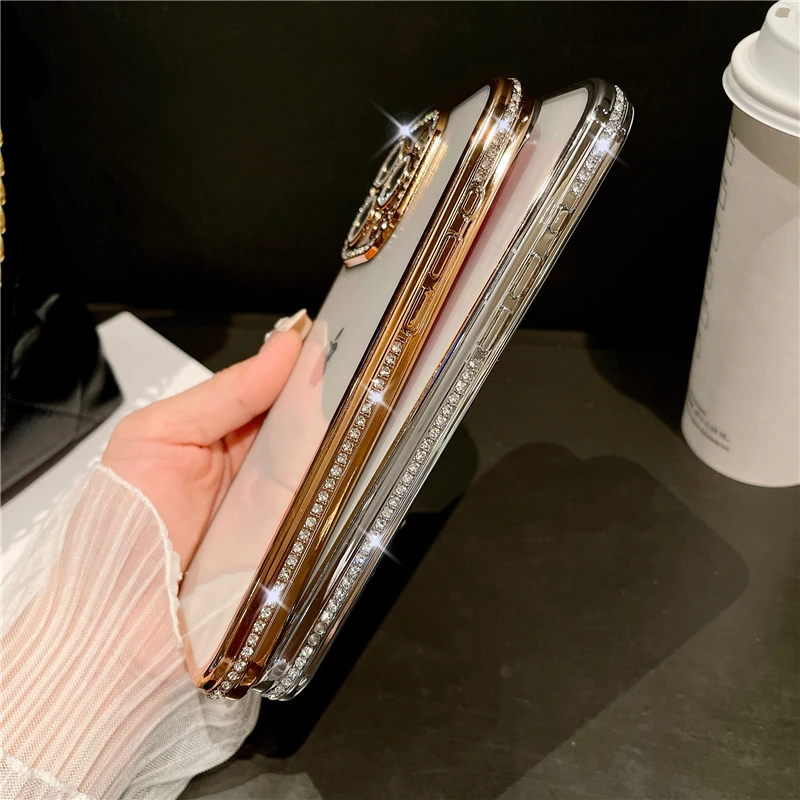 Luxury Plating Flash Diamond Bumper Phone Case with Shiny Rhinestone Lens Cover