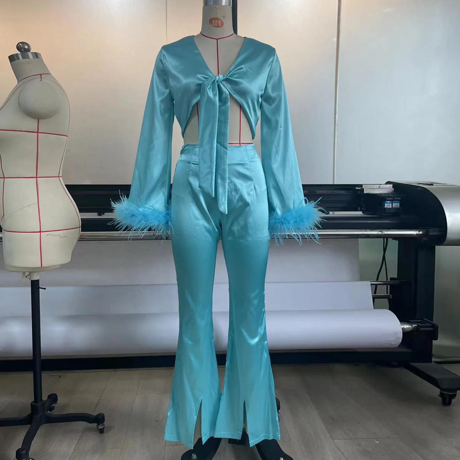 SKMY Two Piece Set For Women Feather Patchwork Long Sleeve Lace-Up Crop Tops Tracksuit Female Casual Split Long Pant Sets