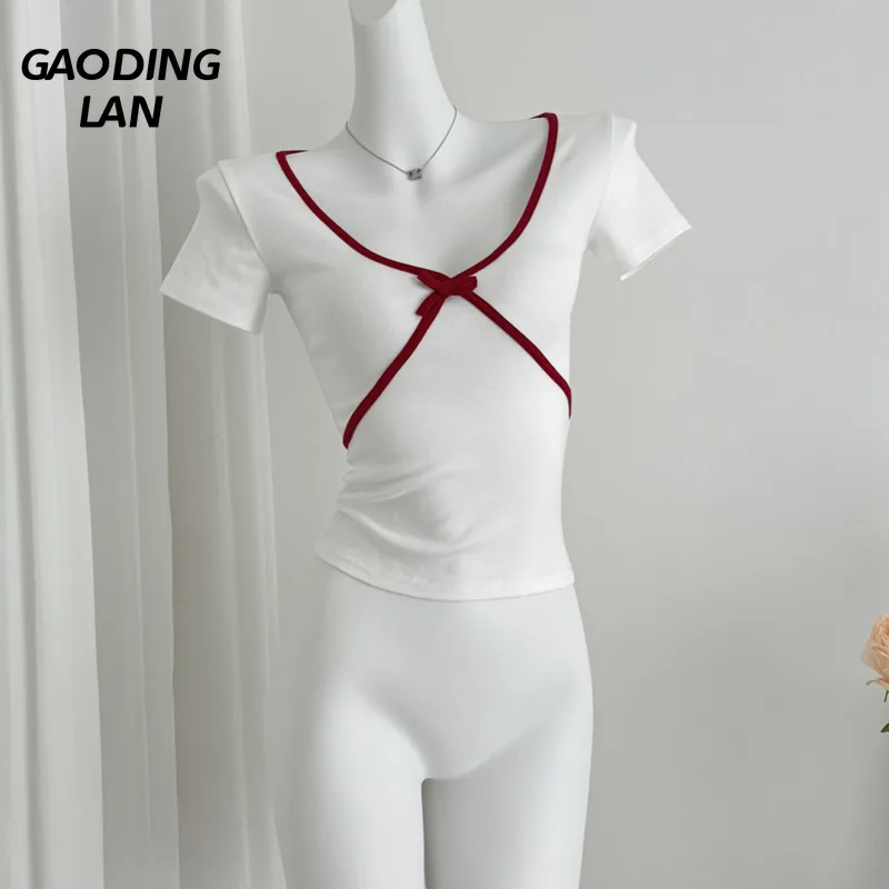

GAODINGLAN Dopamine White Deep V Neck Women Crop Tops Short Sleeve Bow Slim Tight Sexy T-shirts Female Contrast Color Y2k Tees