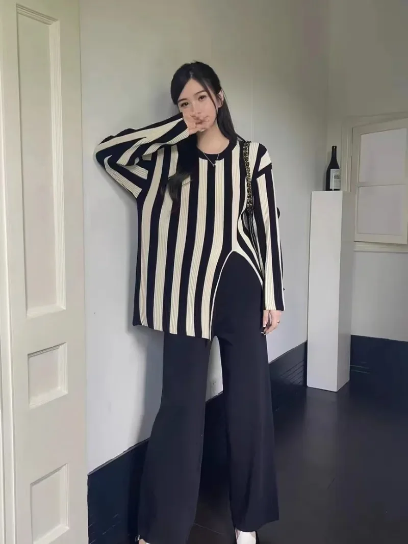 Striped Knitwear Fashion 2 Piece-Set For Women Contrast Long Sleeve Split Straight Trousers Outfits Women's Pants Sets