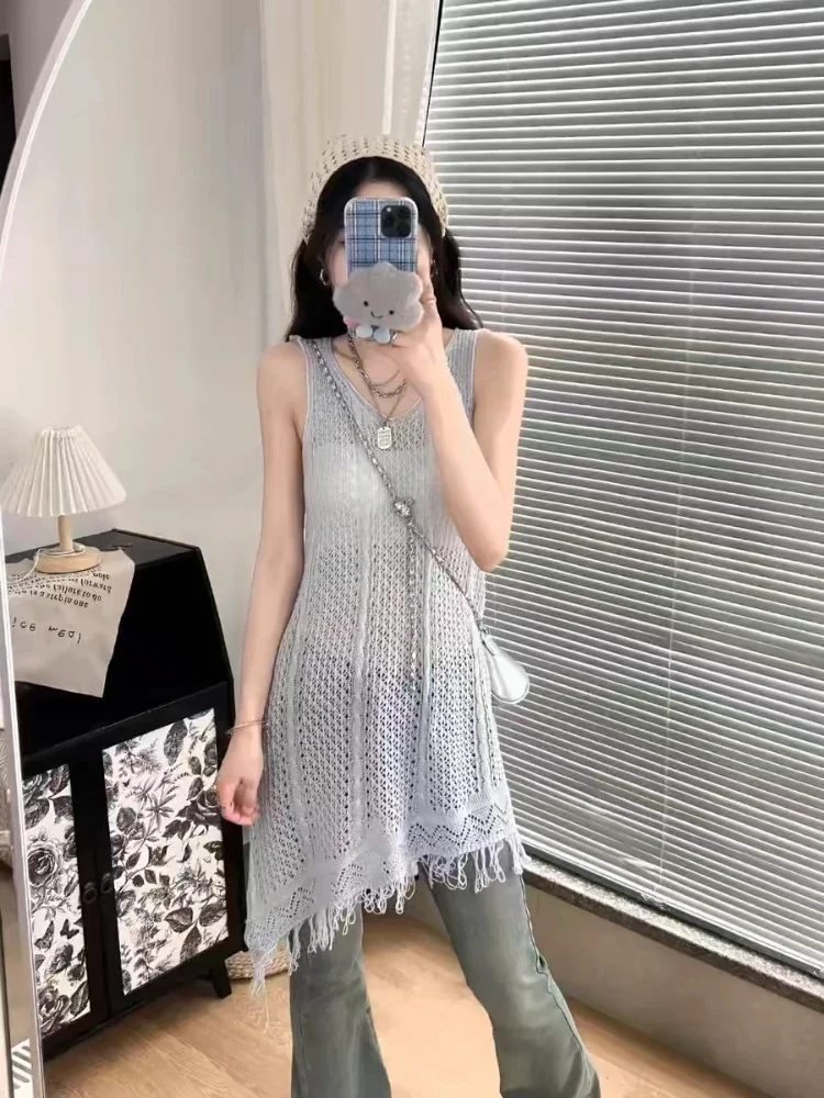 Fall New Fashion Fringed Hollow V-neck Knitted Vest Blouse Women's Loose Hollow Medium and Long Sleeveless Top