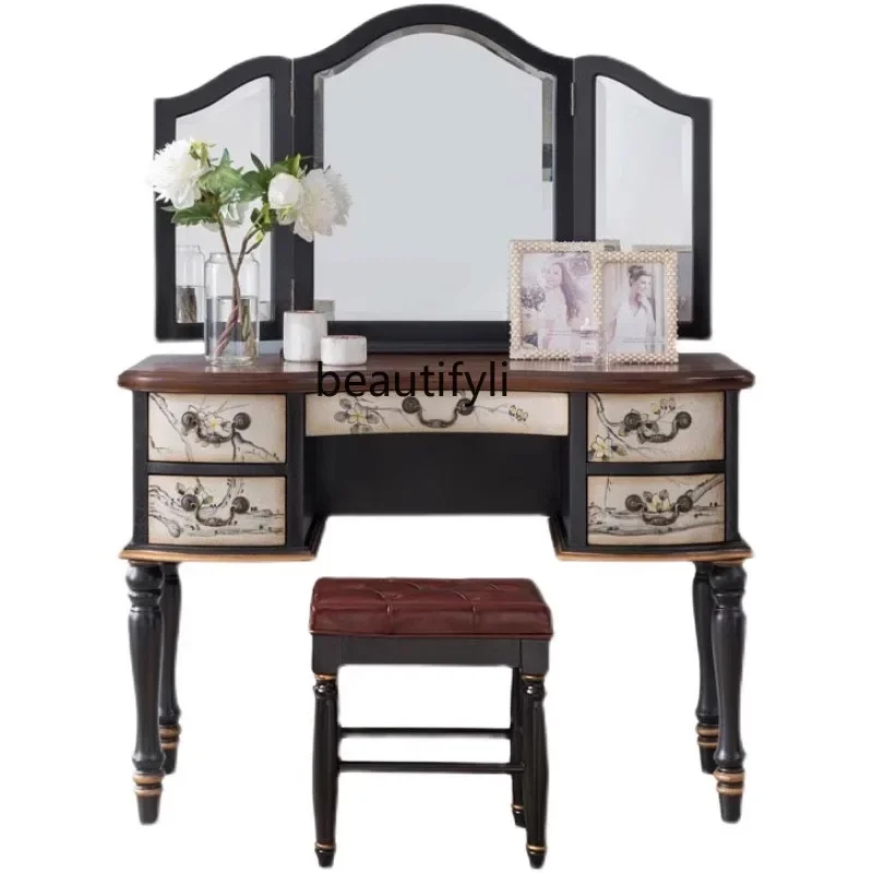 

American-Style Solid Wood Dressing Table New Chinese Painted Dresser Bedroom Retro Storage with Mirror Integrated Makeup Table