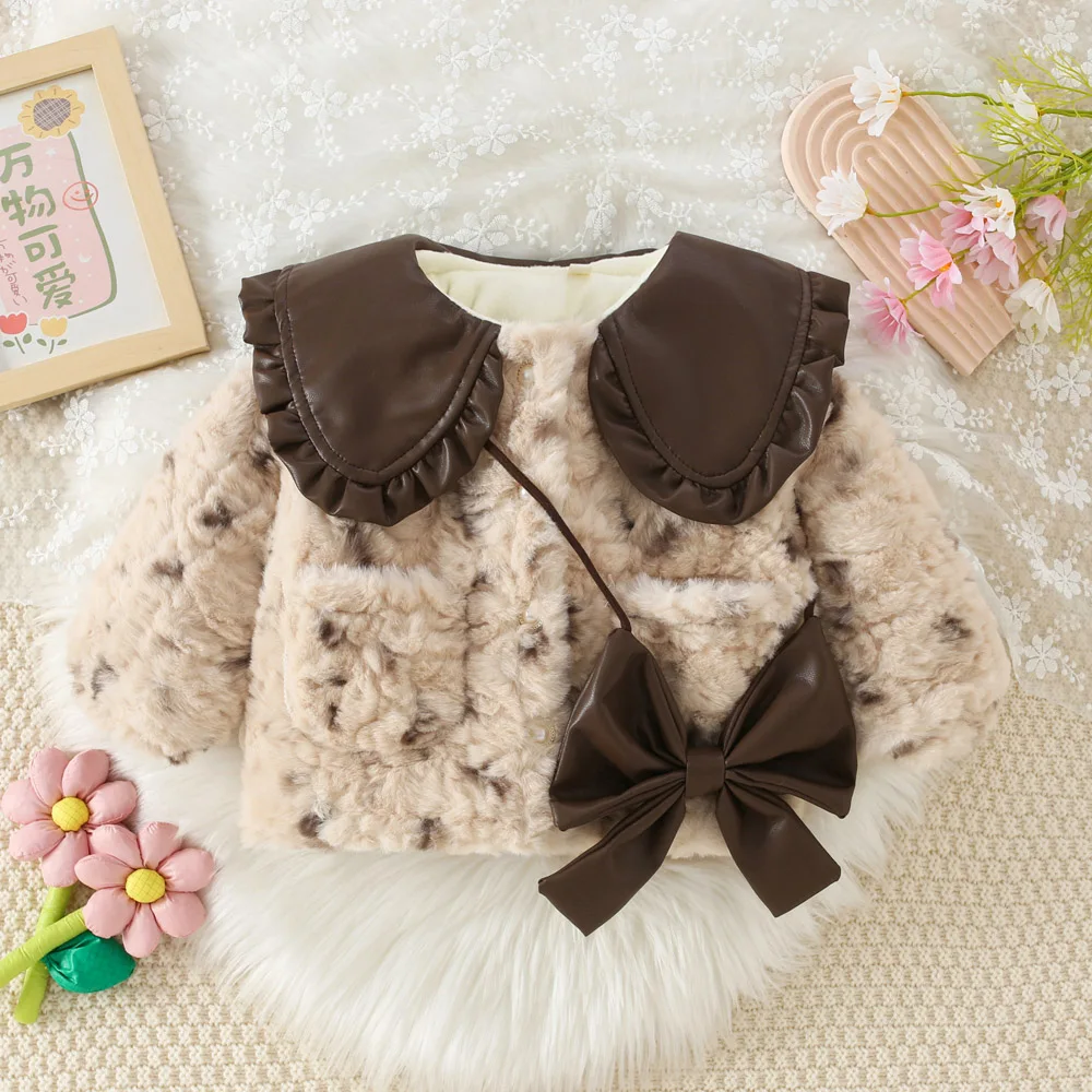 Winter New Girl's Coat Fluffy Sweet Cute Coat + Cross Bow Lace Fold Lapel Warm Thick Padded with Fashion Button